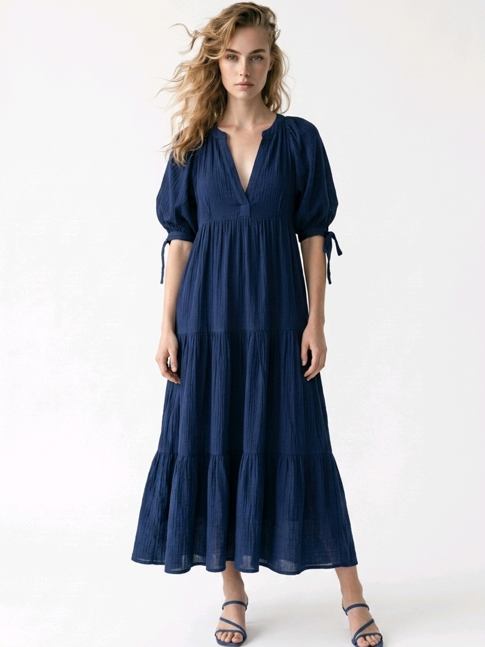 ODDY Navy Tiered Maxi Dress with V-Neck and Tie Sleeves Boho Everyday Wear